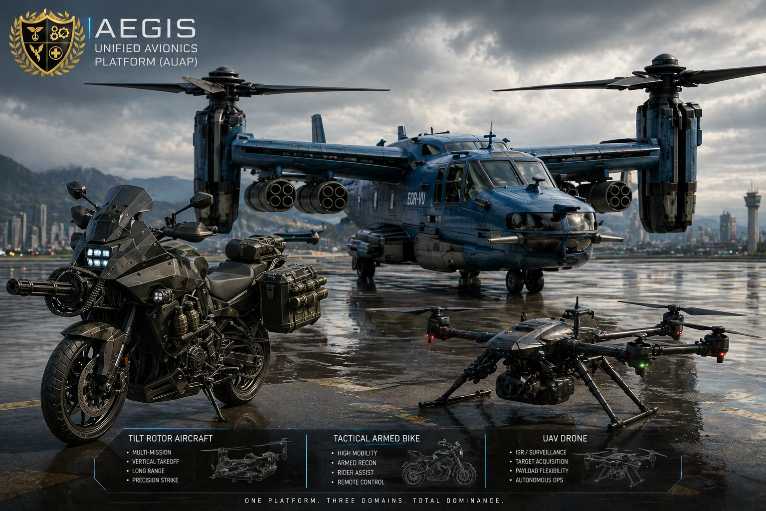 Aegis AUAP tilt rotor aircraft, tactical armed bike, and UAV drone